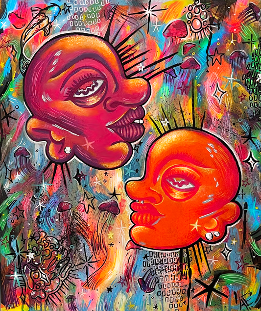 Colorful abstract artwork with two stylized faces and various elements.